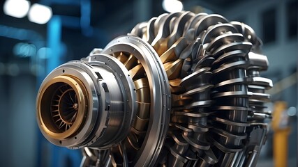 Industrial gas turbine engine of the future. engineering tools. Close-up of a turbine. Concept of heavy industry.