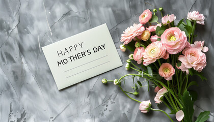 Elegant Mother's Day Flower Bouquet with Pink Ranunculus and Happy Mother's Day Card