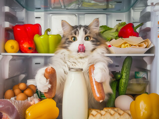 A fluffy white and grey cat sitting in the fridge with its tongue out, holding sausages like arms. The refrigerator is full of food.