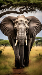 Fototapeta na wymiar Powerful Majesty of a Tranquil African Elephant in Savannah Landscape: A Portrait of Resilience and Charm