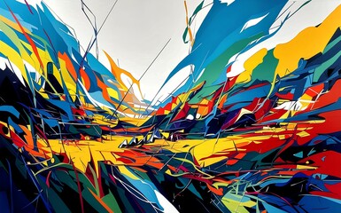 An abstract representation of a landscape, with bold colors and dynamic shapes
