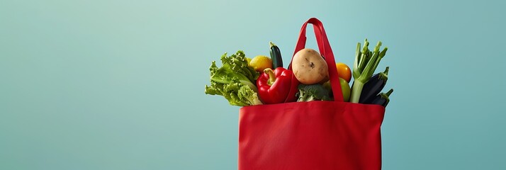 Red tote bag full of fresh organic vegetables isolated on blue background - Powered by Adobe