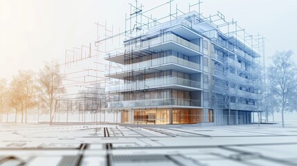 Design concept of a smart building. Engineering of smart building's autonomous control system. Communication design of an apartment house. Architectural drawing, blueprint of its facade.