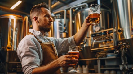 Expert brewer in apron holds glass of craft beer and checking quality and color. Worker man sommeliers taste drink on brewery factory. - obrazy, fototapety, plakaty