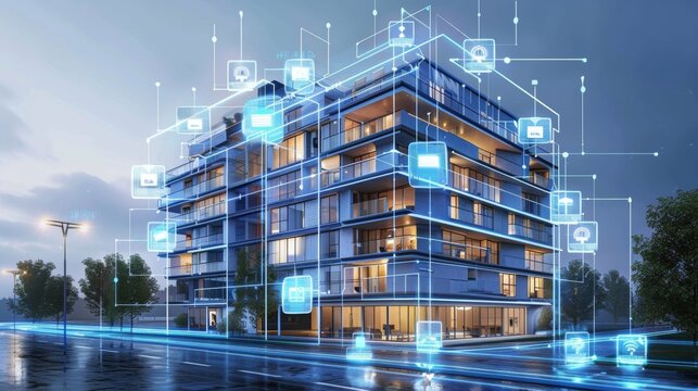 Design concept of a smart building. Engineering of smart building's autonomous control system. Communication design of an apartment house. Architectural drawing, blueprint of its facade.