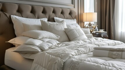 Luxurious bed with  luxurious set of bedding including pillowcases, duvet cover , all in white