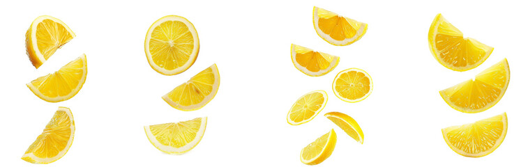 Set of Falling lemon slice, isolated on white background full depth of field, clipping path