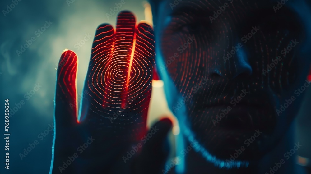 Poster a futuristic concept of biometric security, a man's hand presenting a glowing red fingerprint scan f