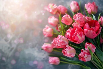 Obraz premium A bouquet of pink tulips on a blue background with shining sunlight. Place for text.