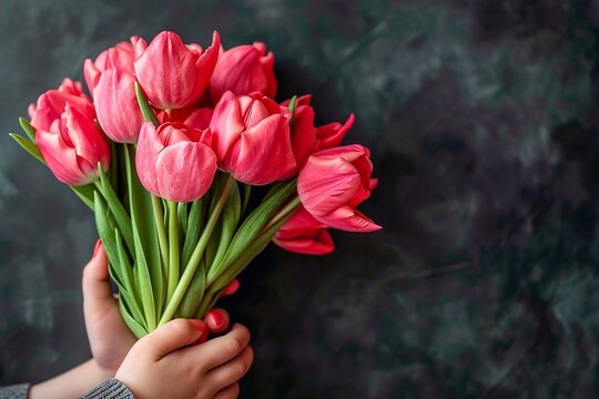 Bouquet of tulips in a hand. Bouquet of pink tulips in woman's hands on dark background with copy space.