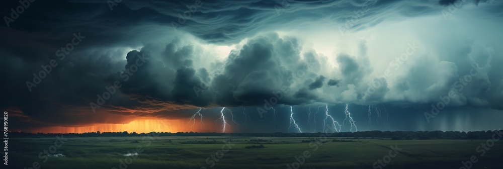 Wall mural dramatic huge clouds of thunderstorm on sky with sunset