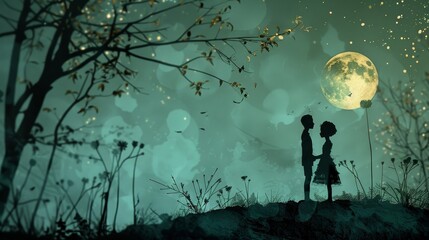 Obraz premium Silhouettes of a couple stand hand in hand under the mystical allure of a full moon, surrounded by the gentle dance of fireflies.