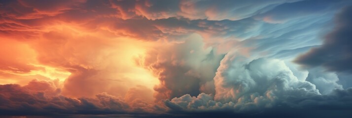 dramatic huge clouds of thunderstorm on sky with sunset - obrazy, fototapety, plakaty