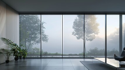 A minimalist interior design with expansive glass windows offering a serene view of a misty forest at dawn, invoking tranquility and connection with nature.