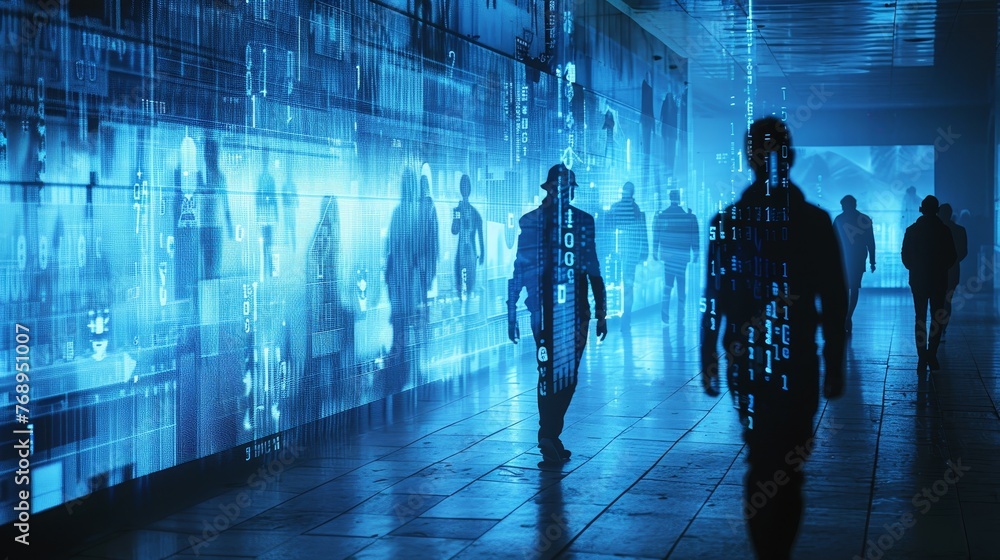 Poster human figures traverse a corridor, transformed into digital silhouettes composed of binary code, sym