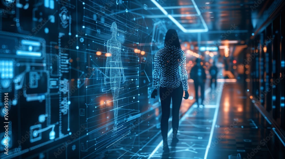 Poster a person walks through a corridor lined with advanced digital interfaces, suggestive of a high-tech 