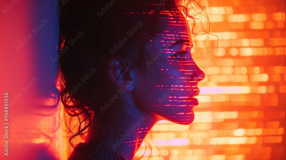 Poster profile of a woman bathed in the red and blue glow of neon lights, creating a fusion of human contou