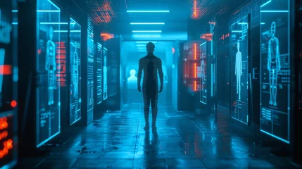 Fotobehang A cybernetic figure strides through a hallway adorned with holographic interfaces, a depiction of a human integrated with advanced digital technologies. © Rattanathip