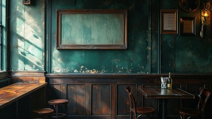 A blank picture frame hanging on the old textured wooden wall in a cosy old english or irish pub - 768951093