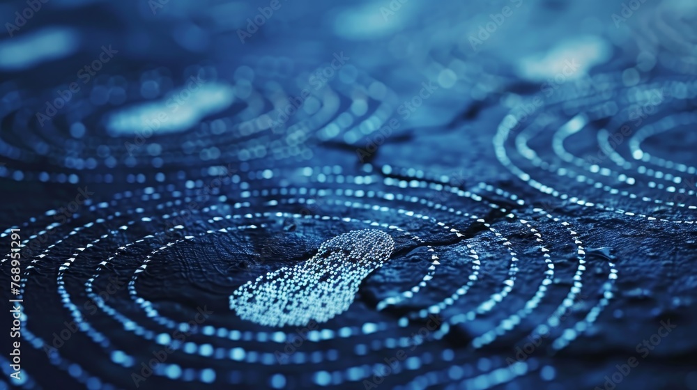 Aufkleber a single glowing footprint stands out amidst intricate patterns on a dark, digital interface, sugges