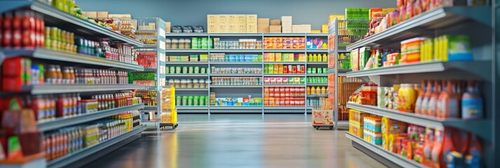 A grocery store with lots of goods on the shelves - obrazy, fototapety, plakaty