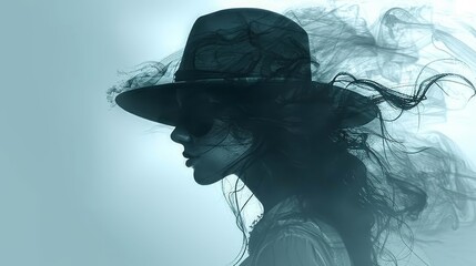 An artistic profile of a woman with her hair flowing into ethereal strands, wearing a hat, captured in a monochromatic, smoky aesthetic.