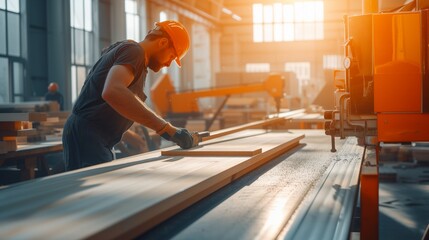 carpenter works wood with modern machines in a large workshop