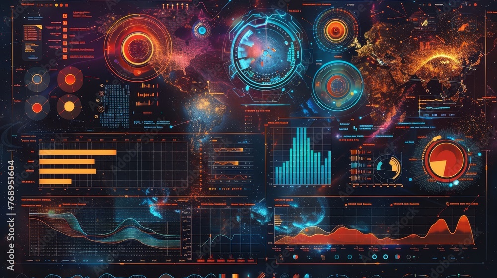 Poster a sophisticated dashboard presents complex data analysis with space-themed visual elements, encompas