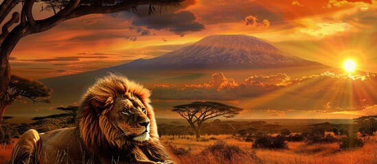 Portrait of a lion in the savanna at sunset - obrazy, fototapety, plakaty