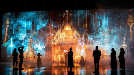 An audience is captivated by a magical light projection show depicting a fairy-tale castle amidst a celestial backdrop, with golden lights and ethereal blue tones.