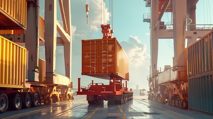 large cargo ship anchors in the harbour and containers are loaded onto trucks - obrazy, fototapety, plakaty