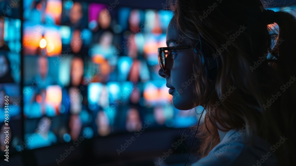 Poster close-up of a focused woman with glasses observing an array of illuminated screens in a high-tech co