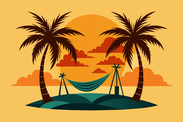 Fototapeta na wymiar Twin palm tree stand on island between hammock in summer theme of silhouette