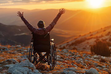 An individual in a wheelchair with arms uplifted, basking in a sunset surrounded by mountains - obrazy, fototapety, plakaty