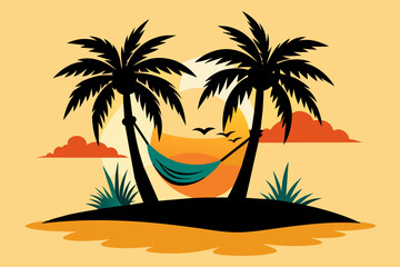 Twin palm tree stand on island between hammock in summer theme of silhouette
