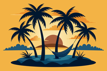 Fototapeta na wymiar Twin palm tree stand on island between hammock in summer theme of silhouette