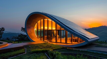 As the sun sets, its glow bathes a futuristic, eco-friendly house with a distinctive curved design nestled in a picturesque landscape.