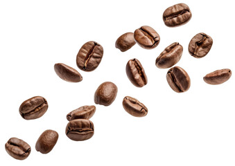 Falling coffee beans isolated on white background with clipping path. Roasted coffee beans