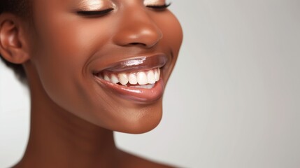 Obraz premium Happy smiling young woman, close-up portrait, perfect teeth, oral dental care, positive emotions.