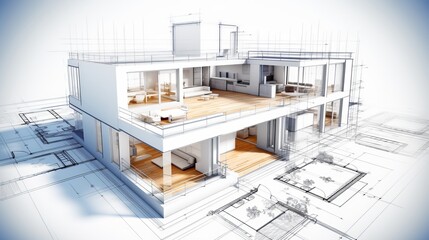 vision of architecture of a 3d model house project with blueprint - 768952292