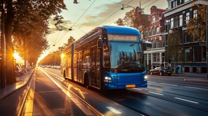 An electric bus stops on a tree-lined city street, bathed in the warm glow of the sunset, highlighting sustainable urban transit.