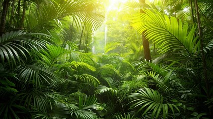 Exotic tropical forest with lush palm leaves and trees, wild plants nature wallpaper