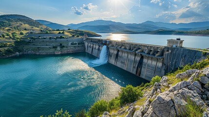 Obraz na płótnie Canvas A majestic hydroelectric dam releasing water into a serene lake at sunset, surrounded by a rugged mountain terrain.