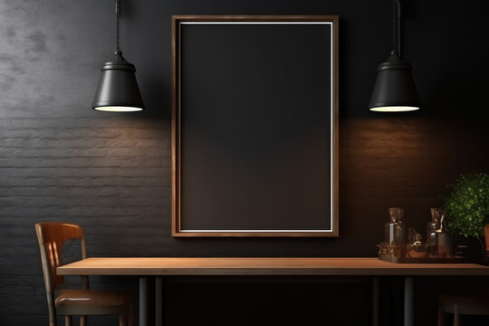 A black framed picture hangs on a wall above a wooden table. The table is set with a vase and a potted plant. The room is dimly lit, creating a cozy and intimate atmosphere