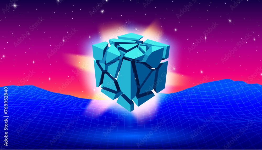 Poster mint blue 3d cube with cracks and particles soaring over the pink landscape in y2k or vaporwave styl
