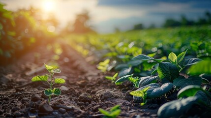 The setting sun casts a golden light on a field of young soybean plants, accentuating the textures of the leaves and soil.