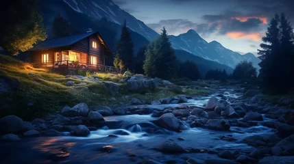 Türaufkleber Old romantic illuminated wooden cabin in the mountains by a wild stream torrent at dusk © Wolfilser