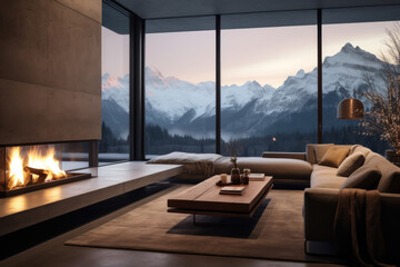A living room with a fireplace and a large window overlooking a mountain range. The room is...