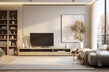 A living room with a white wall and a black television. The room is decorated with a white couch, a coffee table, and a potted plant. The room has a modern and minimalist design