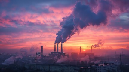 Urban power plants emitting pollution against a vibrant sunset, a stark symbol of industrial impact.